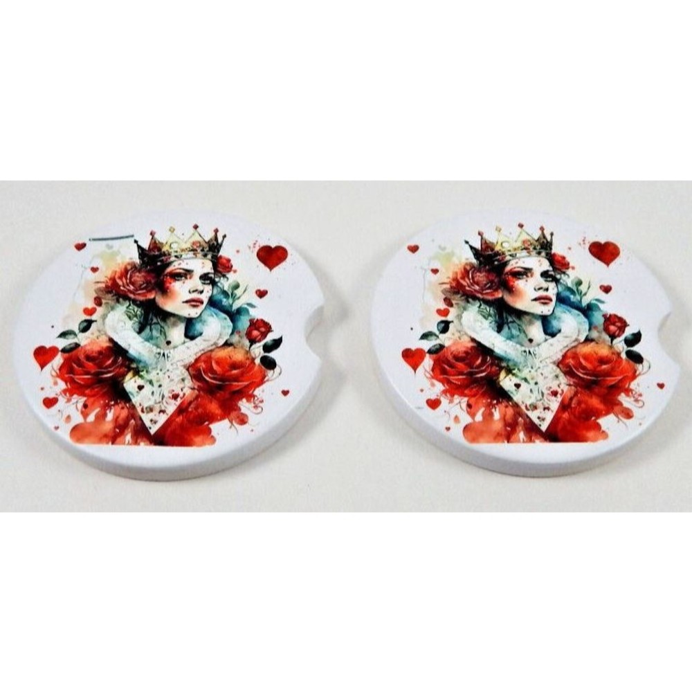Set Of 2 Queen Of Hearts Absorbent Ceramic Car Coasters 2.75 Inch Coasters